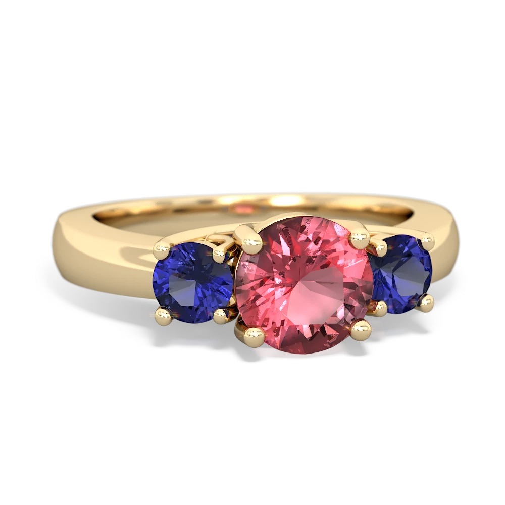 Pink Tourmaline Three Stone Round Trellis 14K Yellow Gold ring R4018