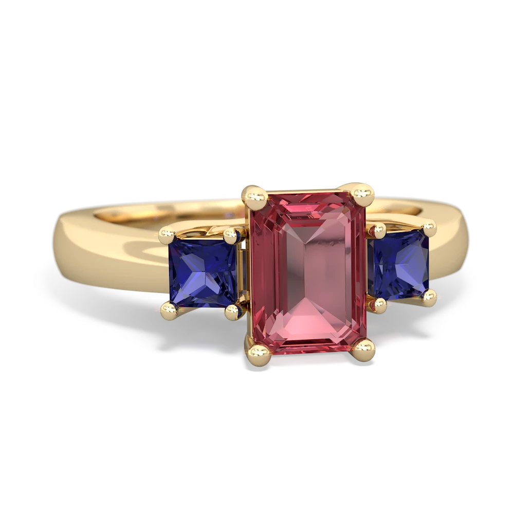 Pink Tourmaline Three Stone Emerald-Cut Trellis 14K Yellow Gold ring R4021