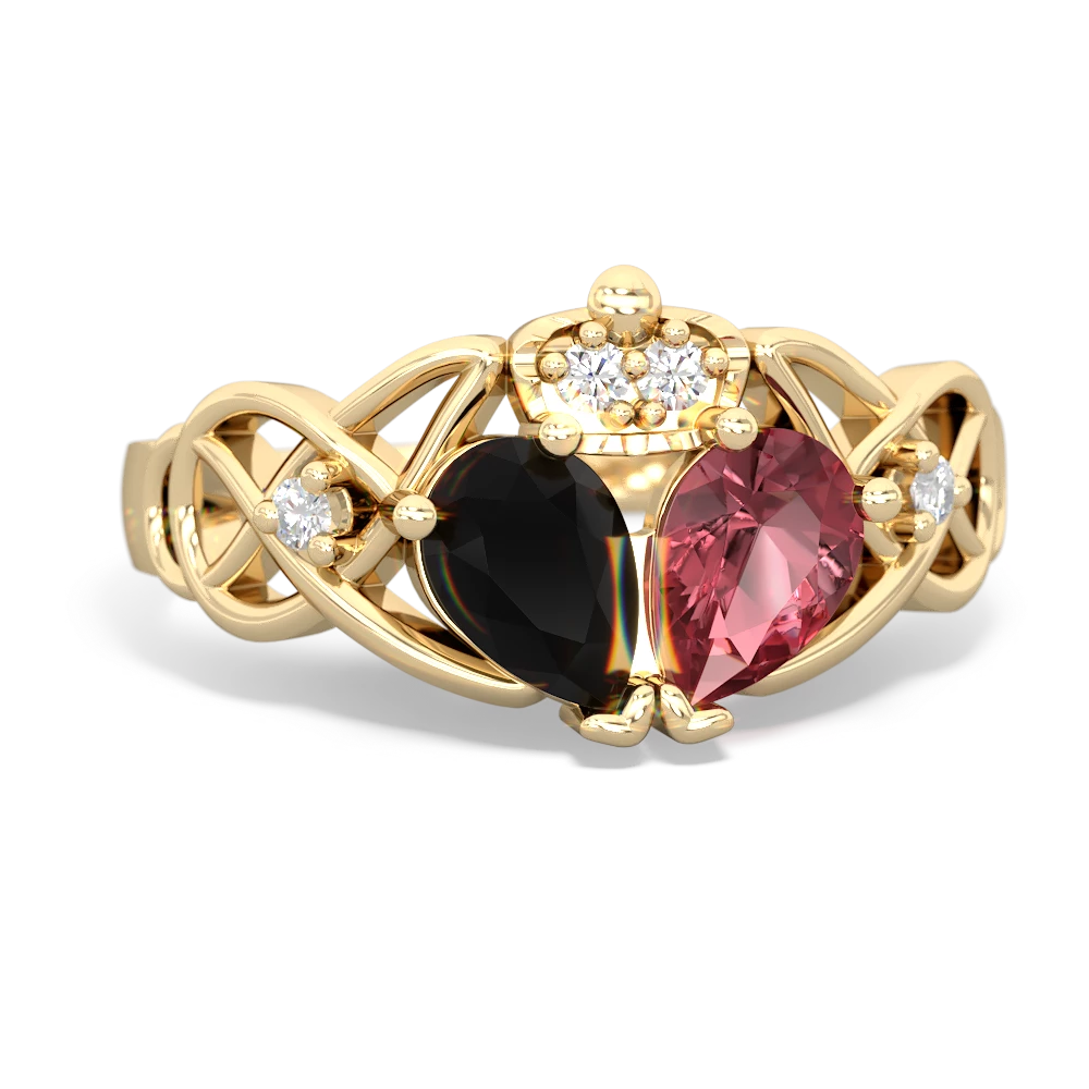 Pink Tourmaline 'One Heart' Celtic Knot Claddagh 14K Yellow Gold ring R5322