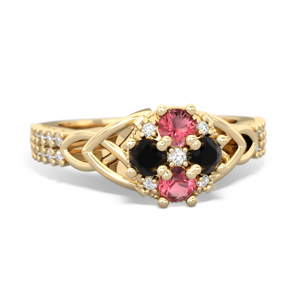 Pink Tourmaline Celtic Knot Cluster Engagement 14K Yellow Gold ring R26443RD