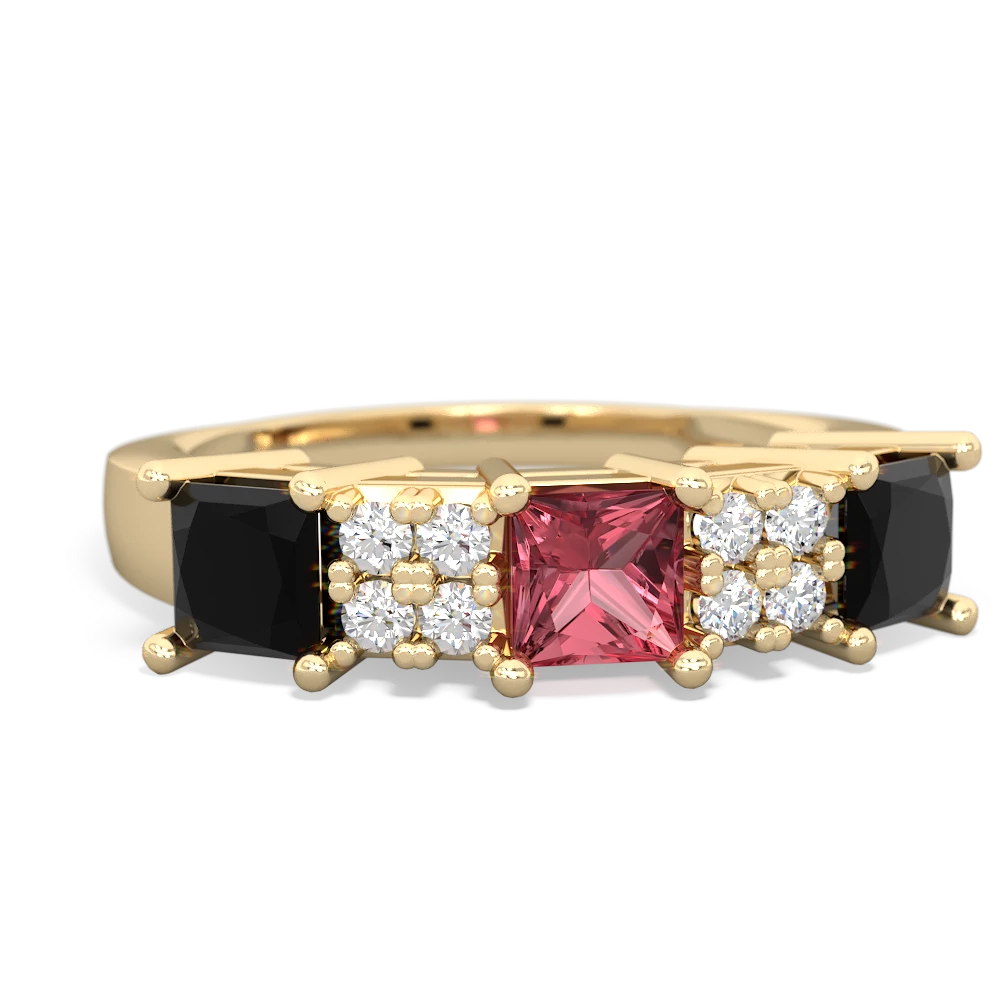 Pink Tourmaline Three Stone Diamond Cluster 14K Yellow Gold ring R2592