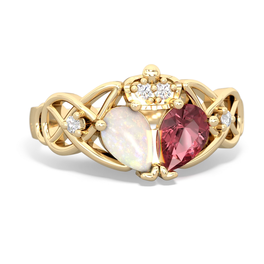 Pink Tourmaline 'One Heart' Celtic Knot Claddagh 14K Yellow Gold ring R5322