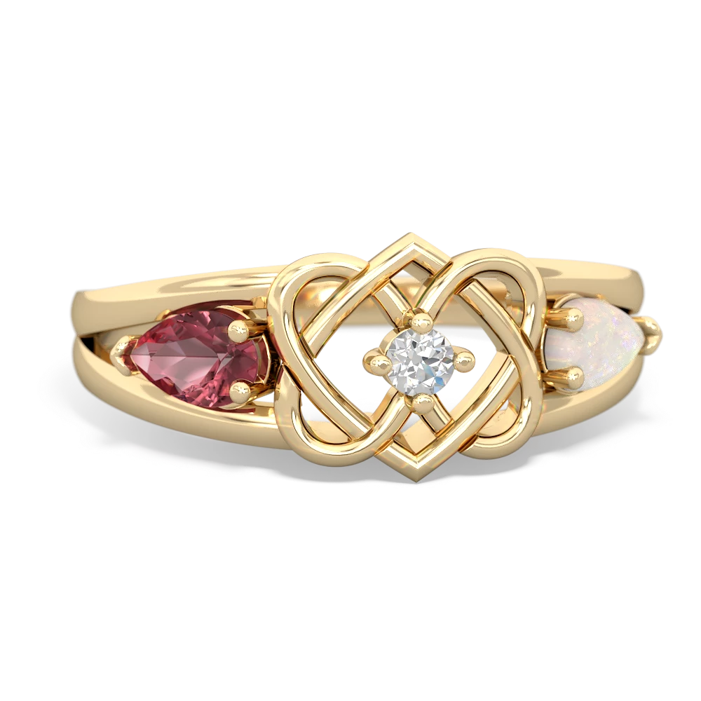 Pink Tourmaline Hearts Intertwined 14K Yellow Gold ring R5880