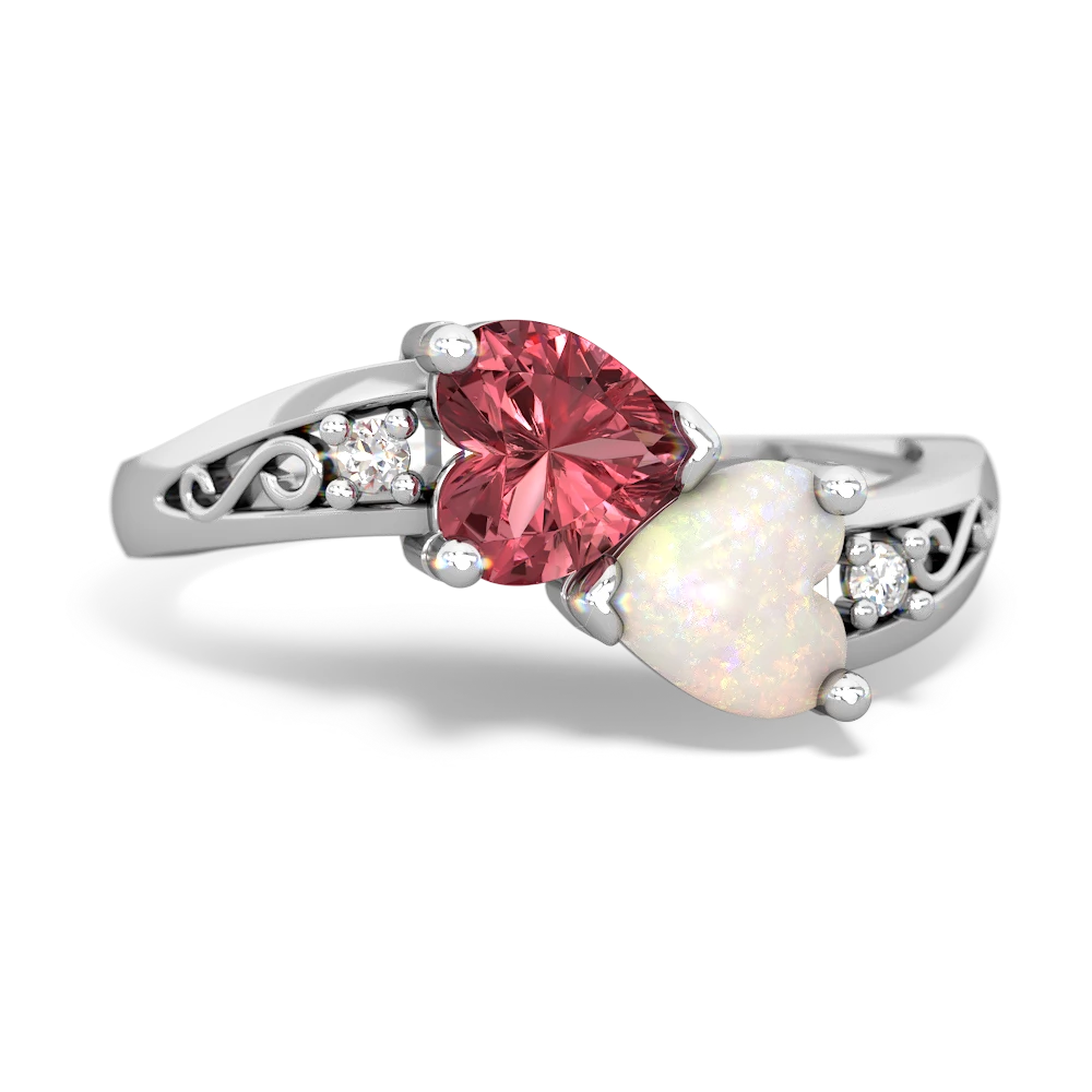 Pink Tourmaline Snuggling Hearts 14K White Gold ring R2178