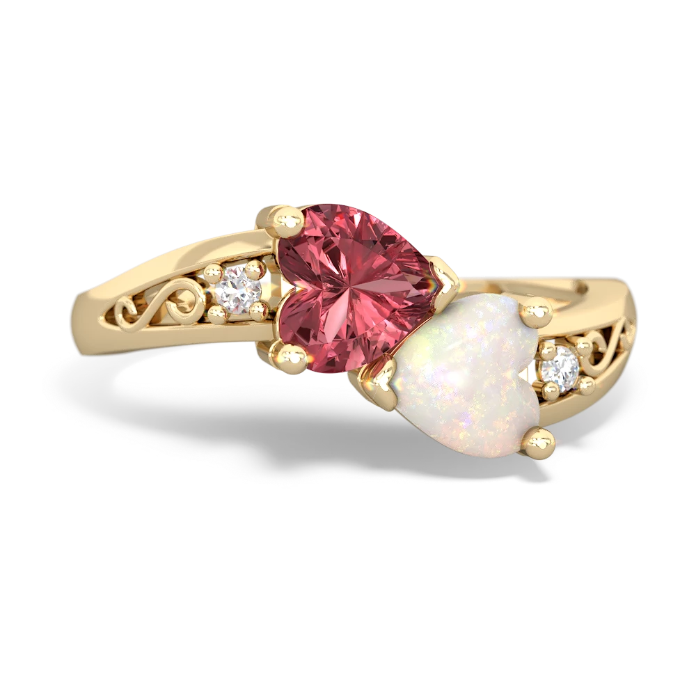 Pink Tourmaline Snuggling Hearts 14K Yellow Gold ring R2178