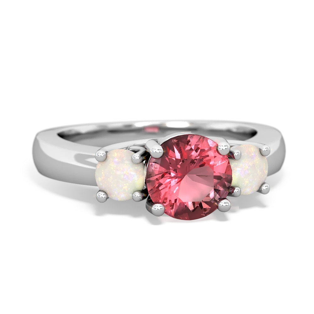 Pink Tourmaline Three Stone Round Trellis 14K White Gold ring R4018