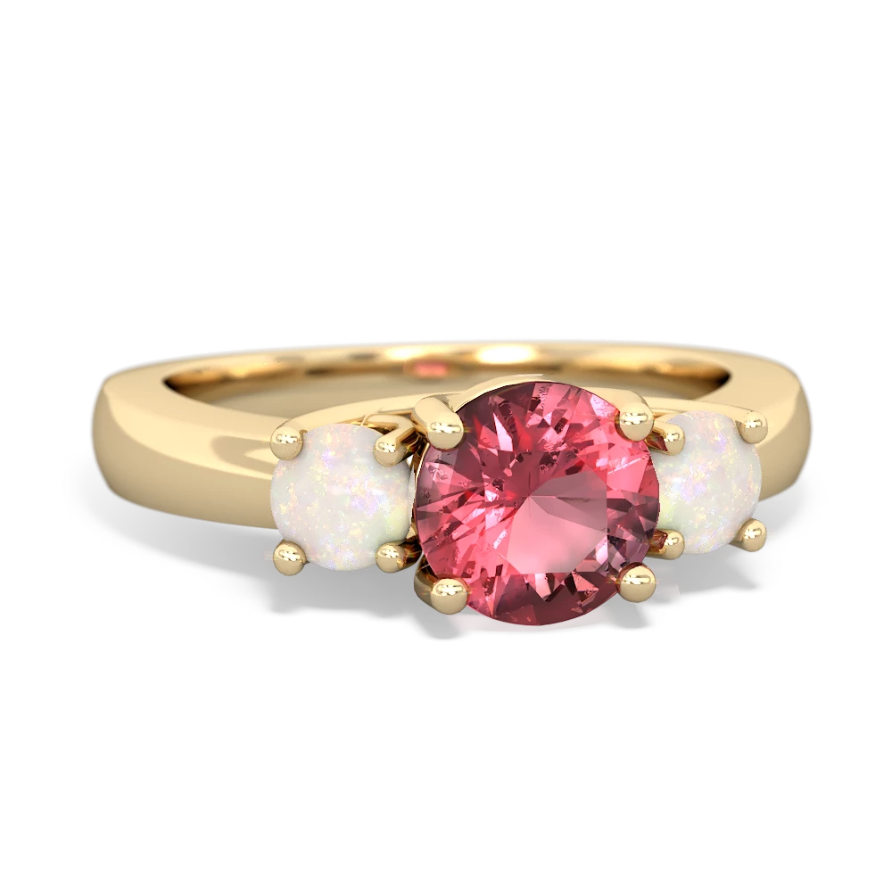 Pink Tourmaline Three Stone Round Trellis 14K Yellow Gold ring R4018