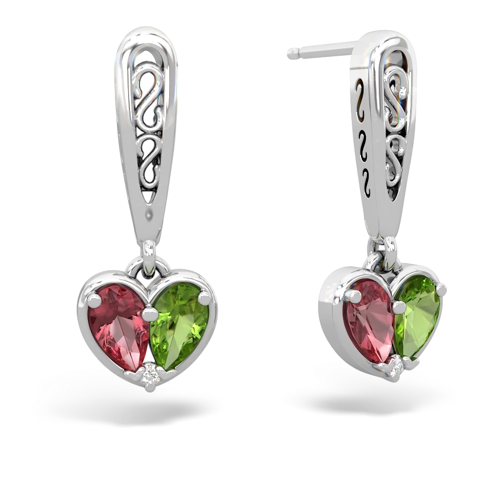 Pink Tourmaline Filligree Heart 14K White Gold earrings E5070