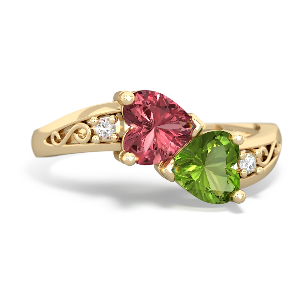 Pink Tourmaline Snuggling Hearts 14K Yellow Gold ring R2178