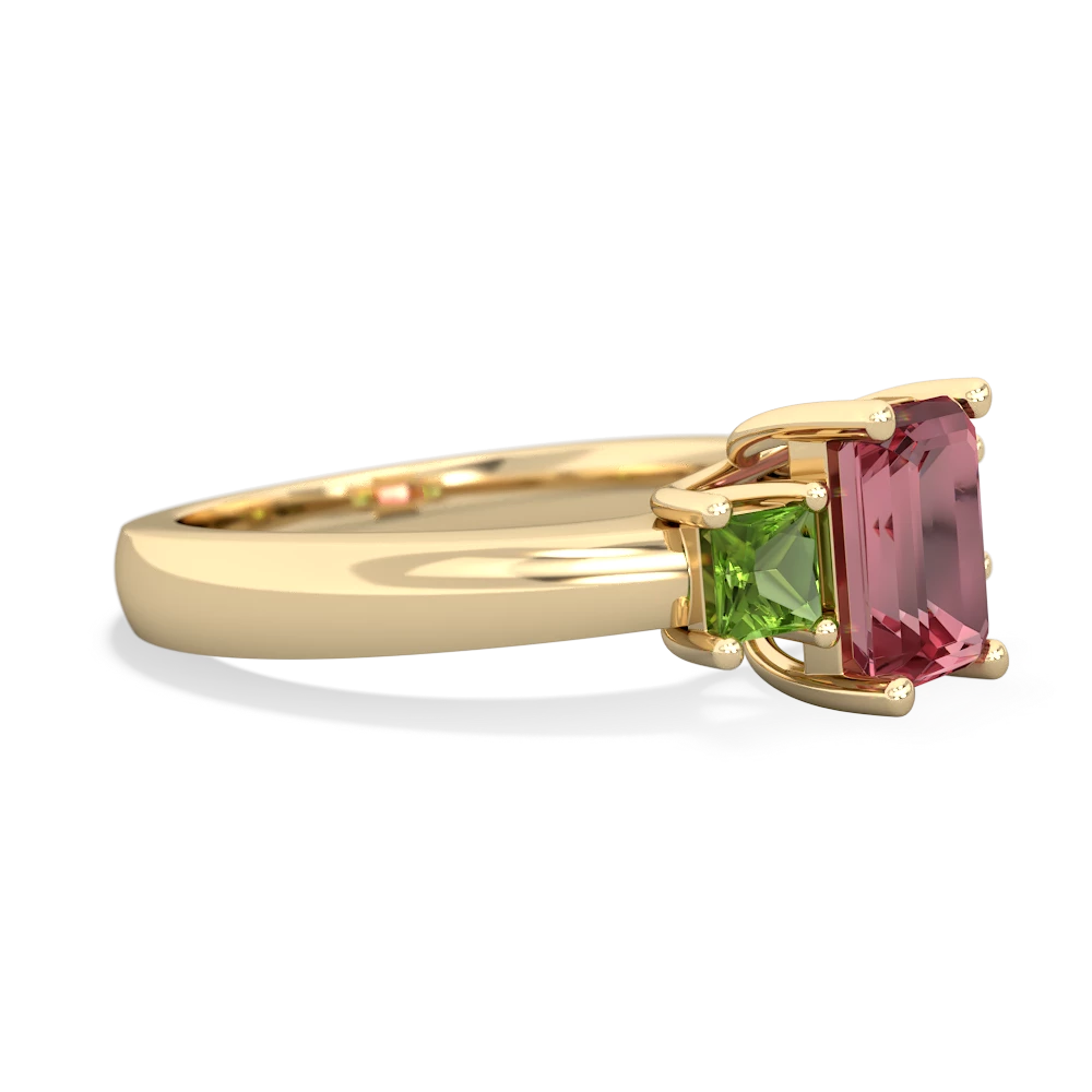 Pink Tourmaline Three Stone Emerald-Cut Trellis 14K Yellow Gold ring R4021