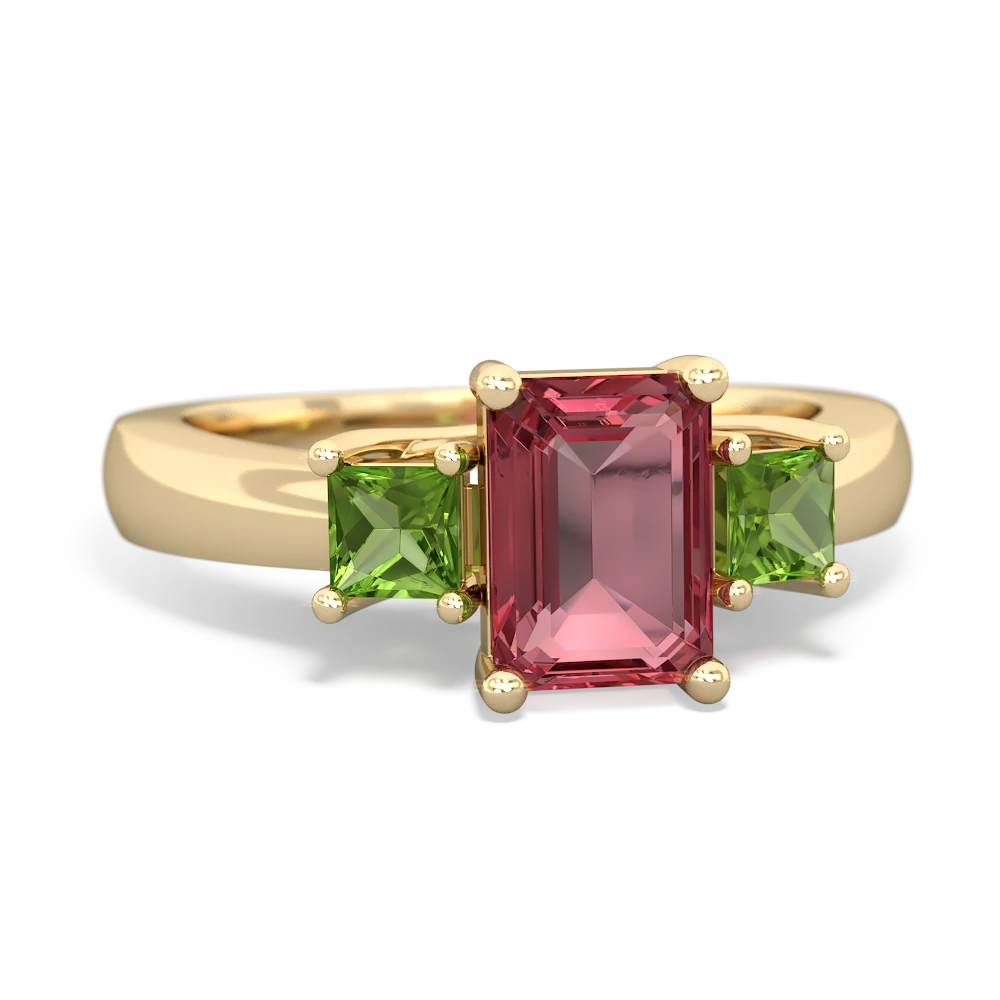 Pink Tourmaline Three Stone Emerald-Cut Trellis 14K Yellow Gold ring R4021