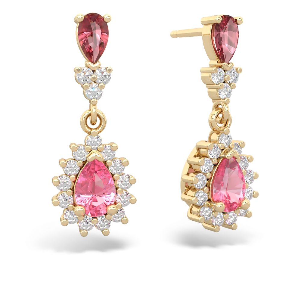 Pink Tourmaline Halo Pear Dangle 14K Yellow Gold earrings E1882