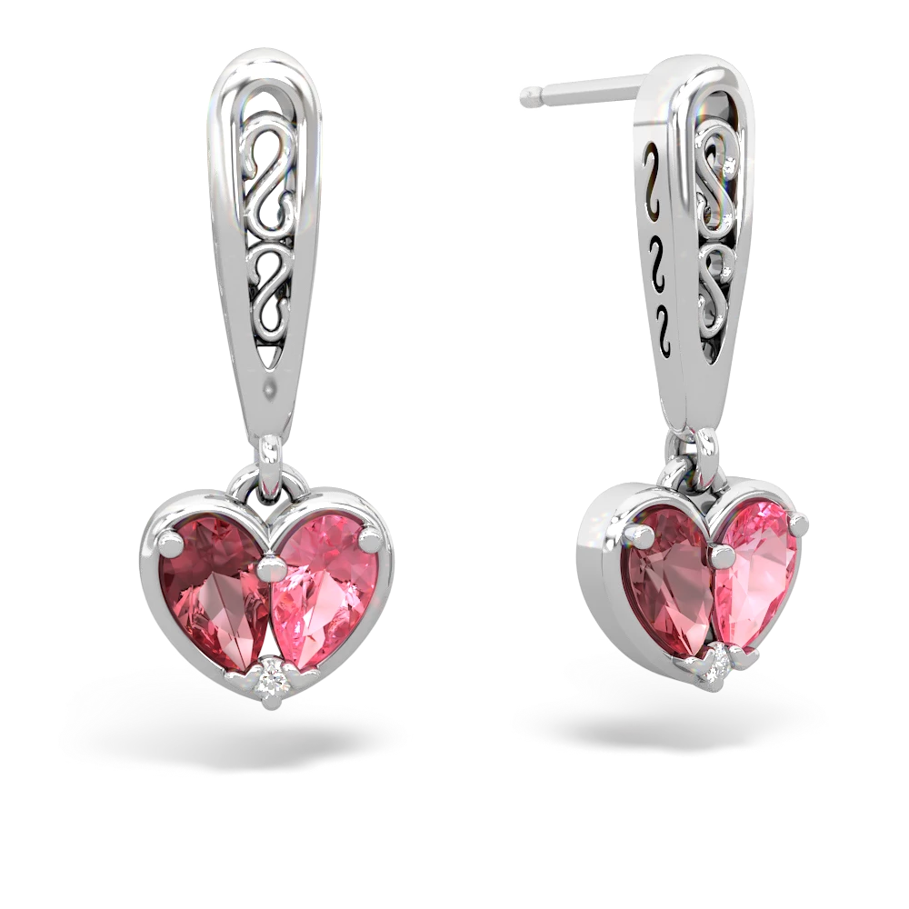 Pink Tourmaline Filligree Heart 14K White Gold earrings E5070