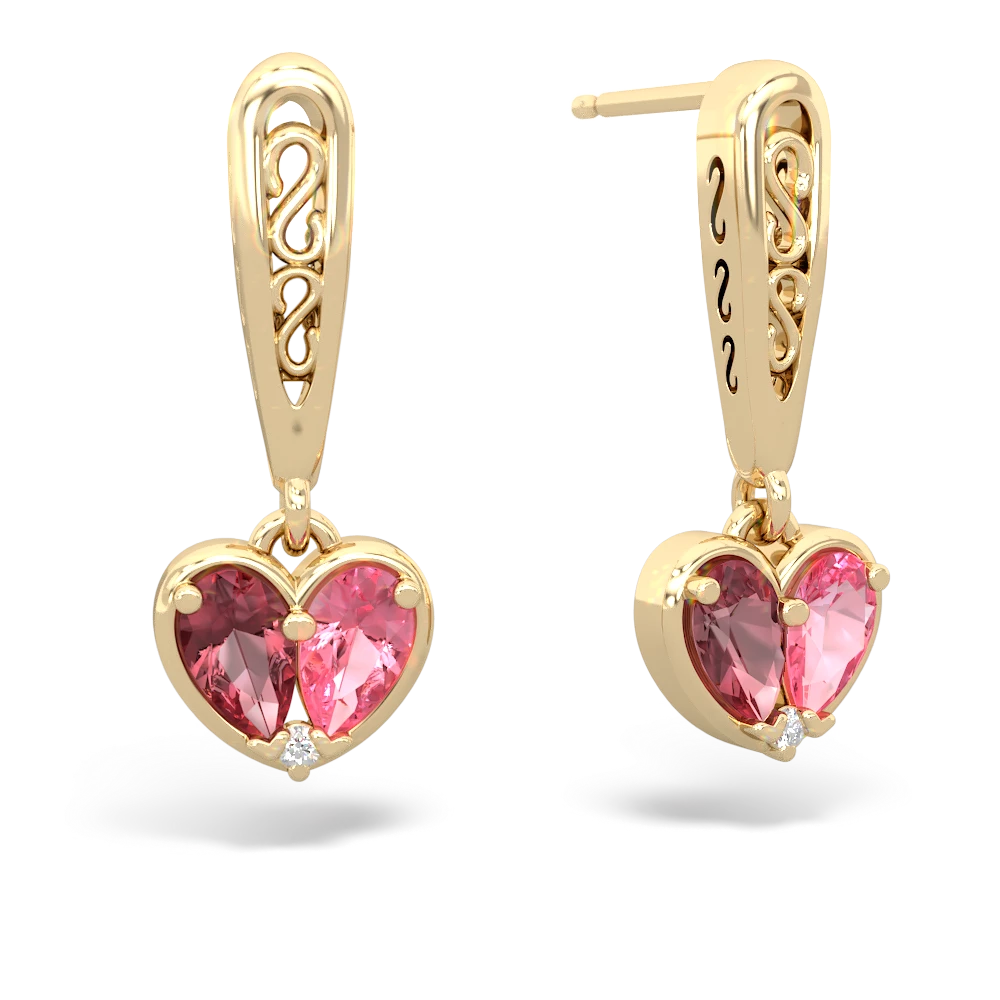 Pink Tourmaline Filligree Heart 14K Yellow Gold earrings E5070