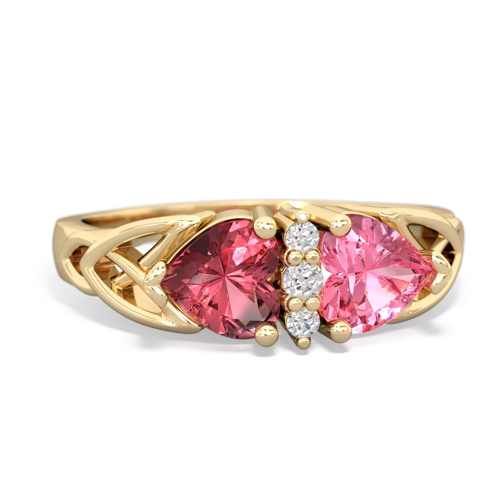 Pink Tourmaline Celtic Knot Double Heart 14K Yellow Gold ring R5040