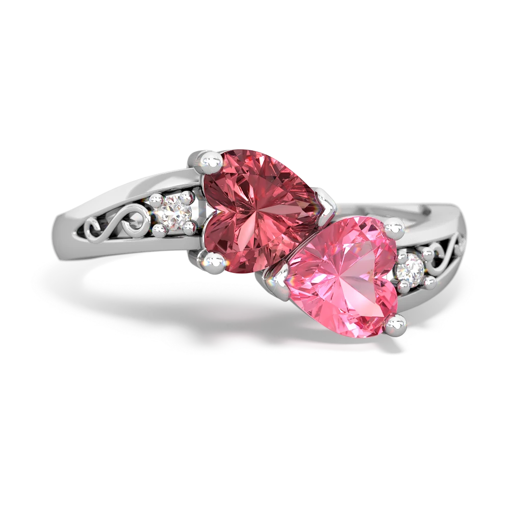 Pink Tourmaline Snuggling Hearts 14K White Gold ring R2178