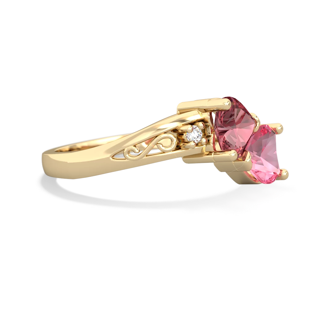 Pink Tourmaline Snuggling Hearts 14K Yellow Gold ring R2178