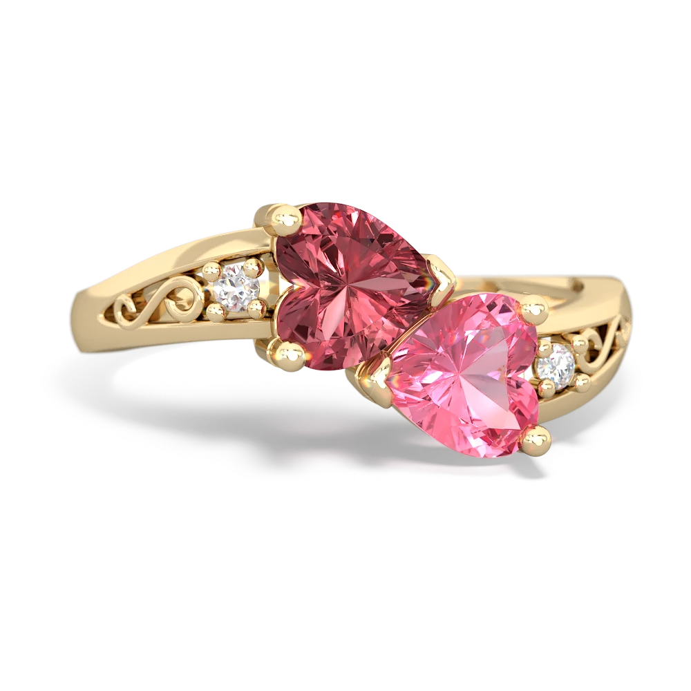 Pink Tourmaline Snuggling Hearts 14K Yellow Gold ring R2178