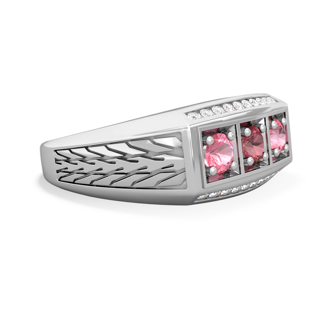 Pink Tourmaline Three Stone Tire Tread Men's 14K White Gold ring R0520