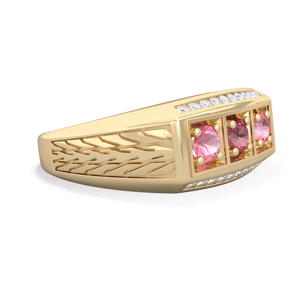 Pink Tourmaline Three Stone Tire Tread Men's 14K Yellow Gold ring R0520