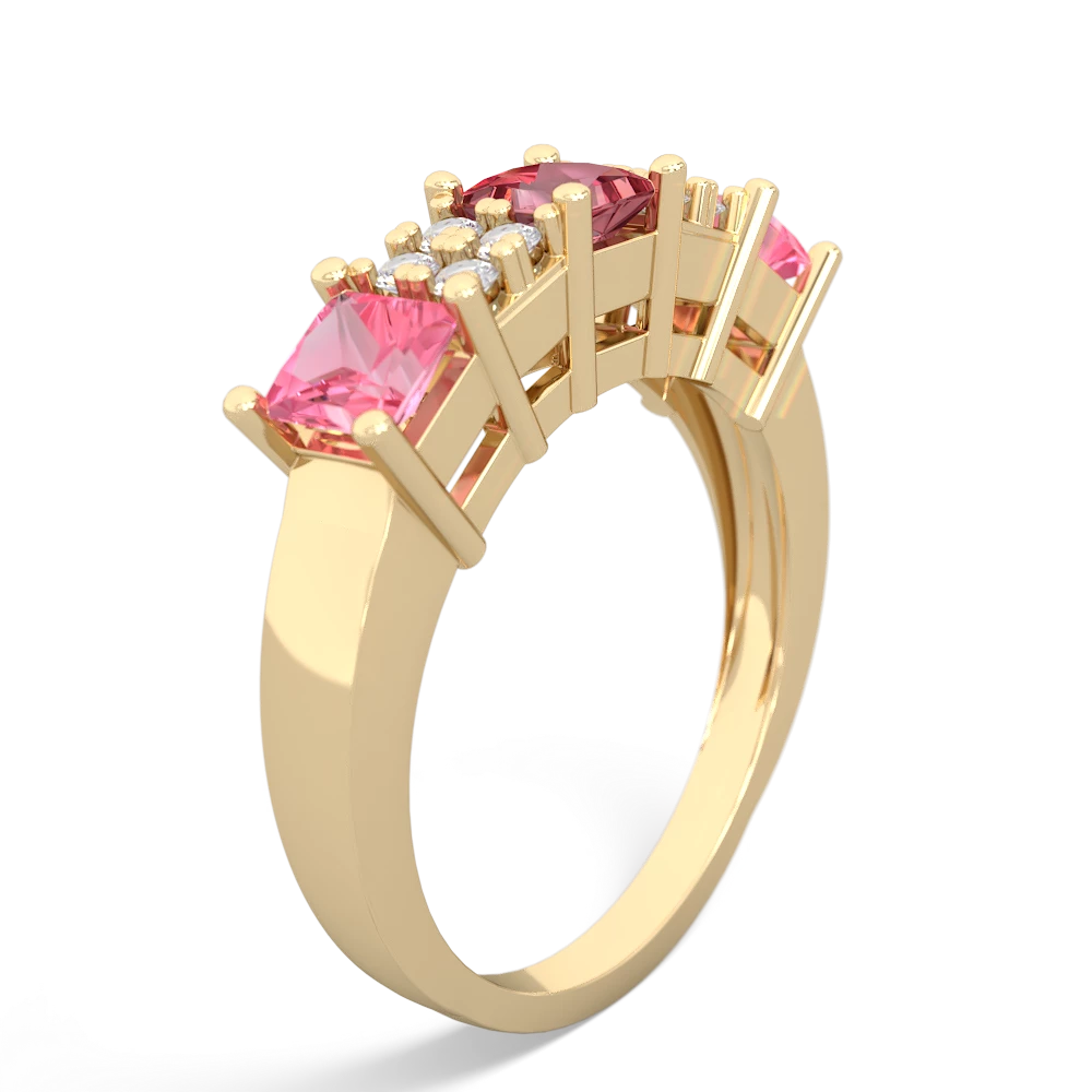 Pink Tourmaline Three Stone Diamond Cluster 14K Yellow Gold ring R2592