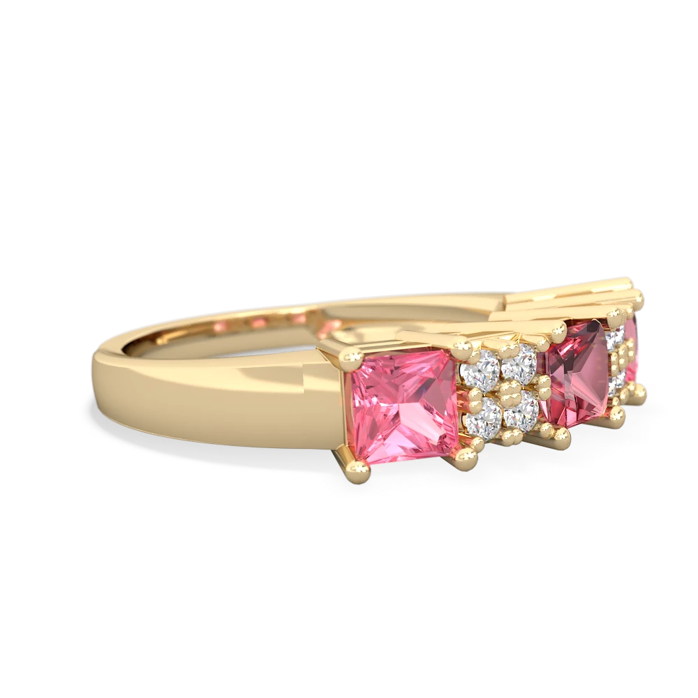 Pink Tourmaline Three Stone Diamond Cluster 14K Yellow Gold ring R2592