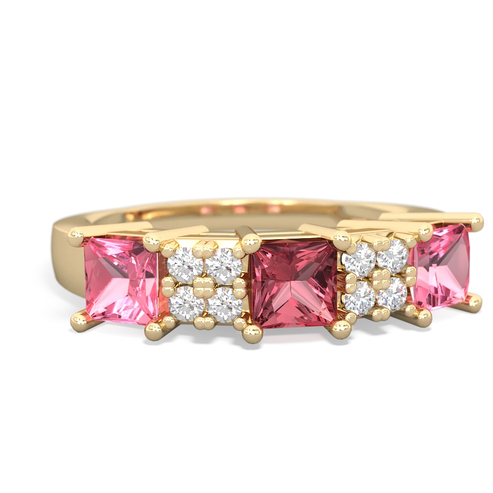 Pink Tourmaline Three Stone Diamond Cluster 14K Yellow Gold ring R2592