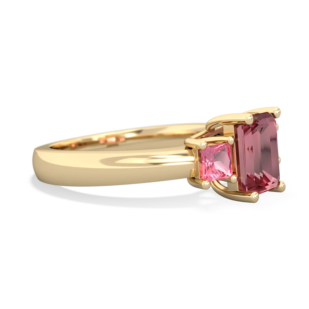 Pink Tourmaline Three Stone Emerald-Cut Trellis 14K Yellow Gold ring R4021