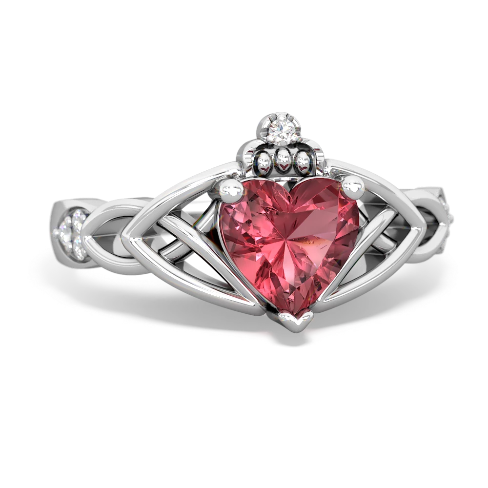 Pink Tourmaline Claddagh Celtic Knot Diamond 14K White Gold ring R5001