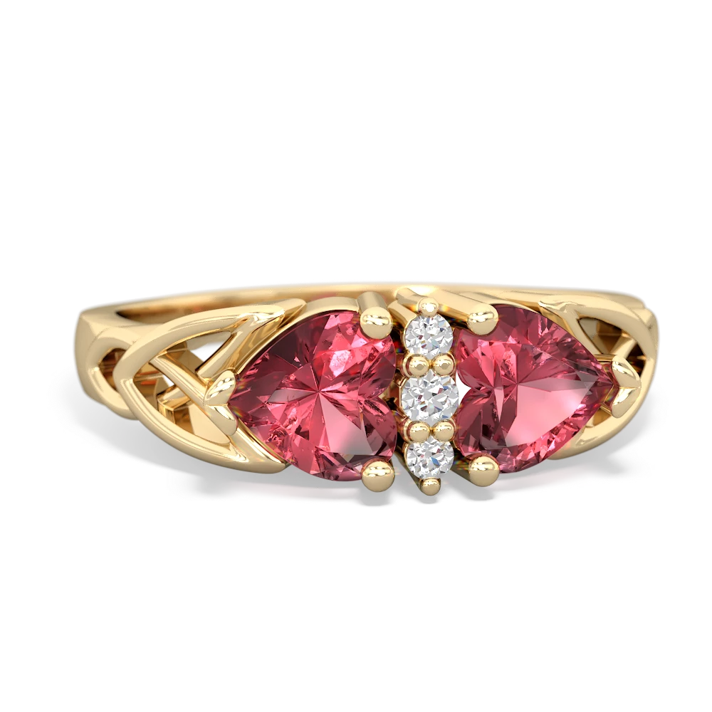 Pink Tourmaline Celtic Knot Double Heart 14K Yellow Gold ring R5040