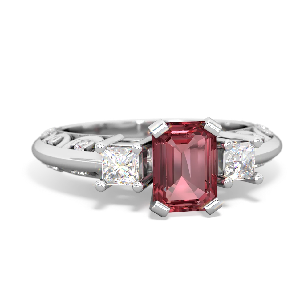 Pink Tourmaline Art Deco Diamond 7X5 Emerald-Cut Engagement 14K White Gold ring R20017EM