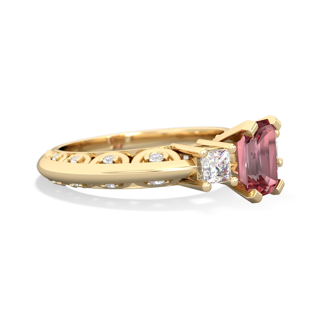 Pink Tourmaline Art Deco Diamond 7X5 Emerald-Cut Engagement 14K Yellow Gold ring R20017EM