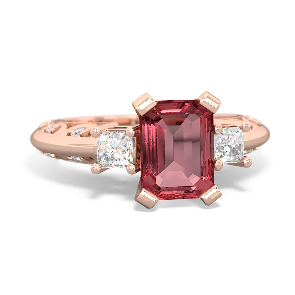 Pink Tourmaline Art Deco Diamond 8X6 Emerald-Cut Engagement 14K Rose Gold ring R20018EM