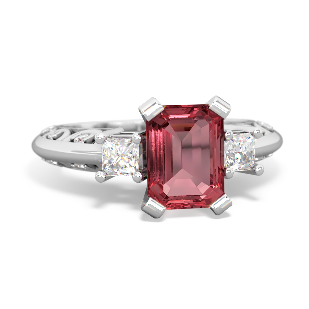 Pink Tourmaline Art Deco Diamond 8X6 Emerald-Cut Engagement 14K White Gold ring R20018EM