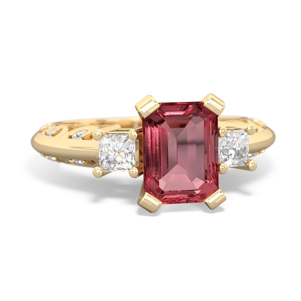 Pink Tourmaline Art Deco Diamond 8X6 Emerald-Cut Engagement 14K Yellow Gold ring R20018EM