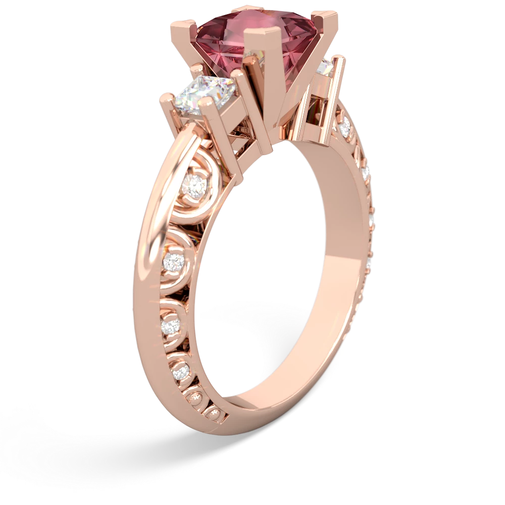 Pink Tourmaline Art Deco Diamond Engagement 6Mm Princess 14K Rose Gold ring R2001