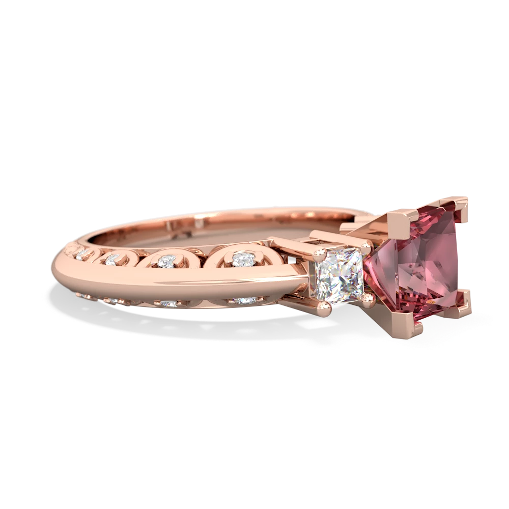 Pink Tourmaline Art Deco Diamond Engagement 6Mm Princess 14K Rose Gold ring R2001