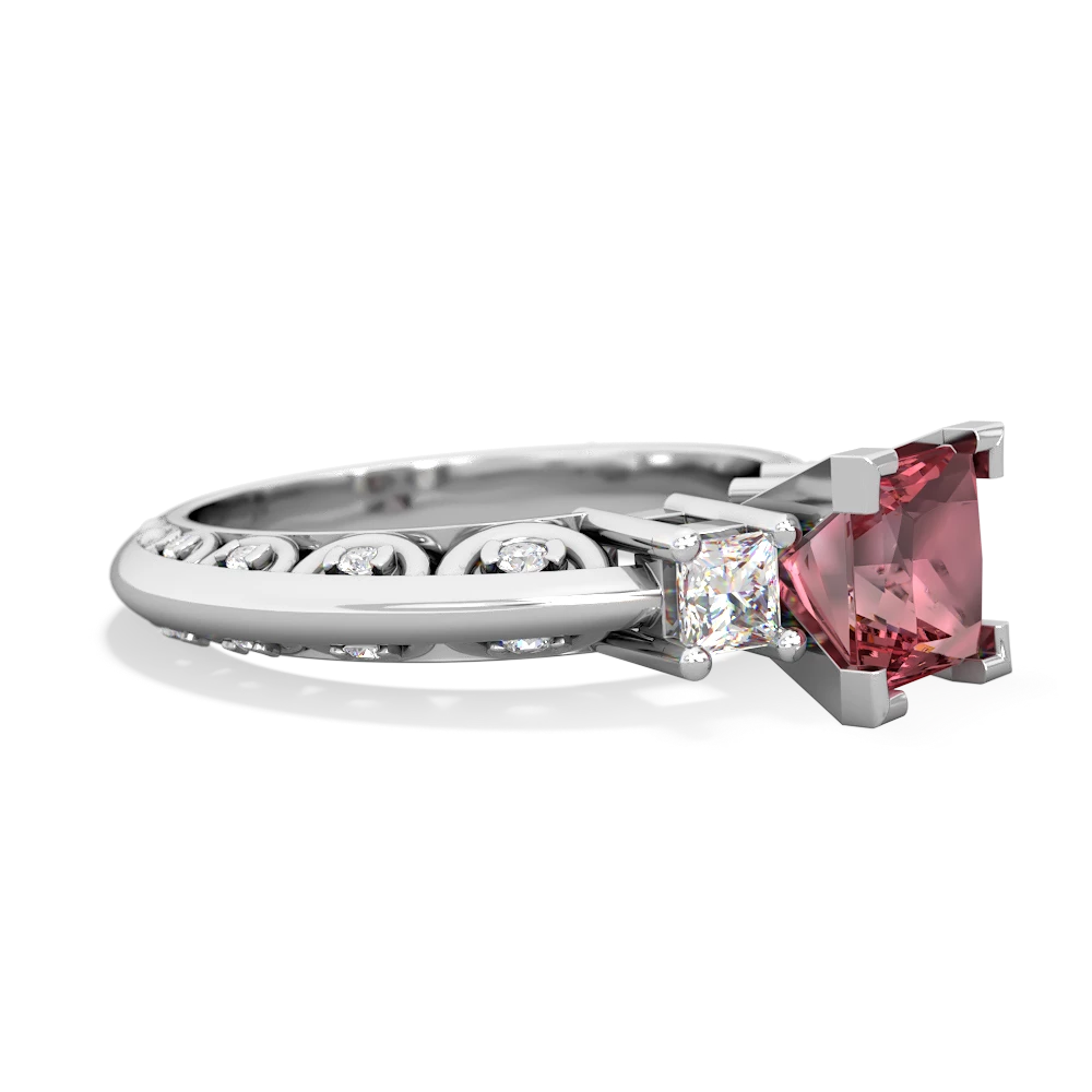 Pink Tourmaline Art Deco Diamond Engagement 6Mm Princess 14K White Gold ring R2001