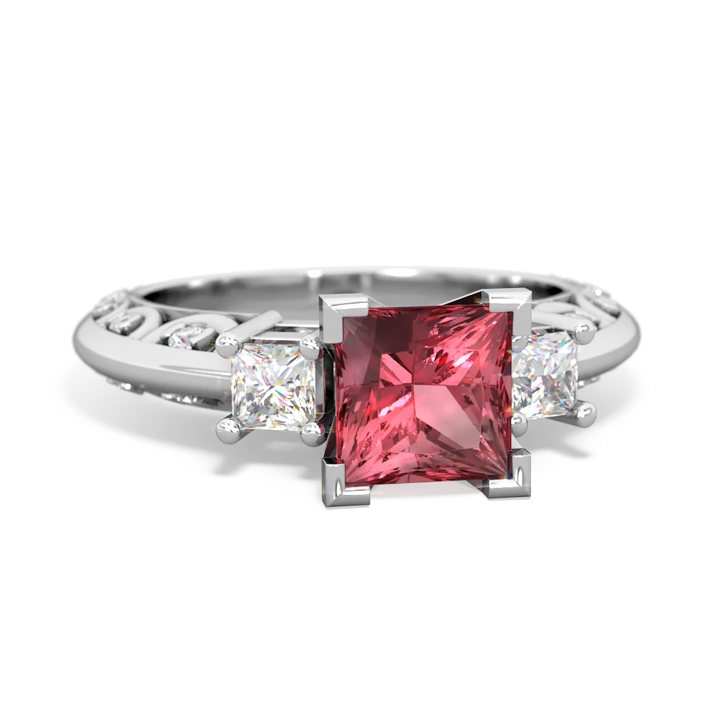 Pink Tourmaline Art Deco Diamond Engagement 6Mm Princess 14K White Gold ring R2001