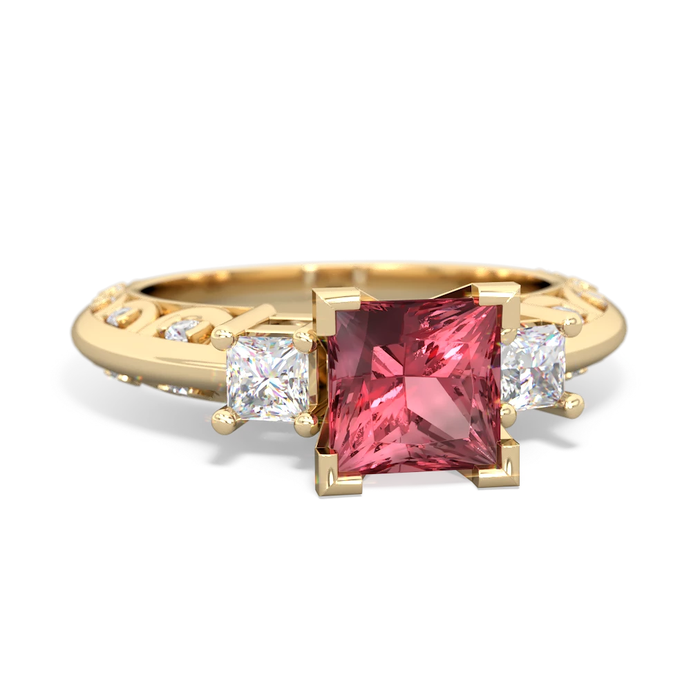 Pink Tourmaline Art Deco Diamond Engagement 6Mm Princess 14K Yellow Gold ring R2001