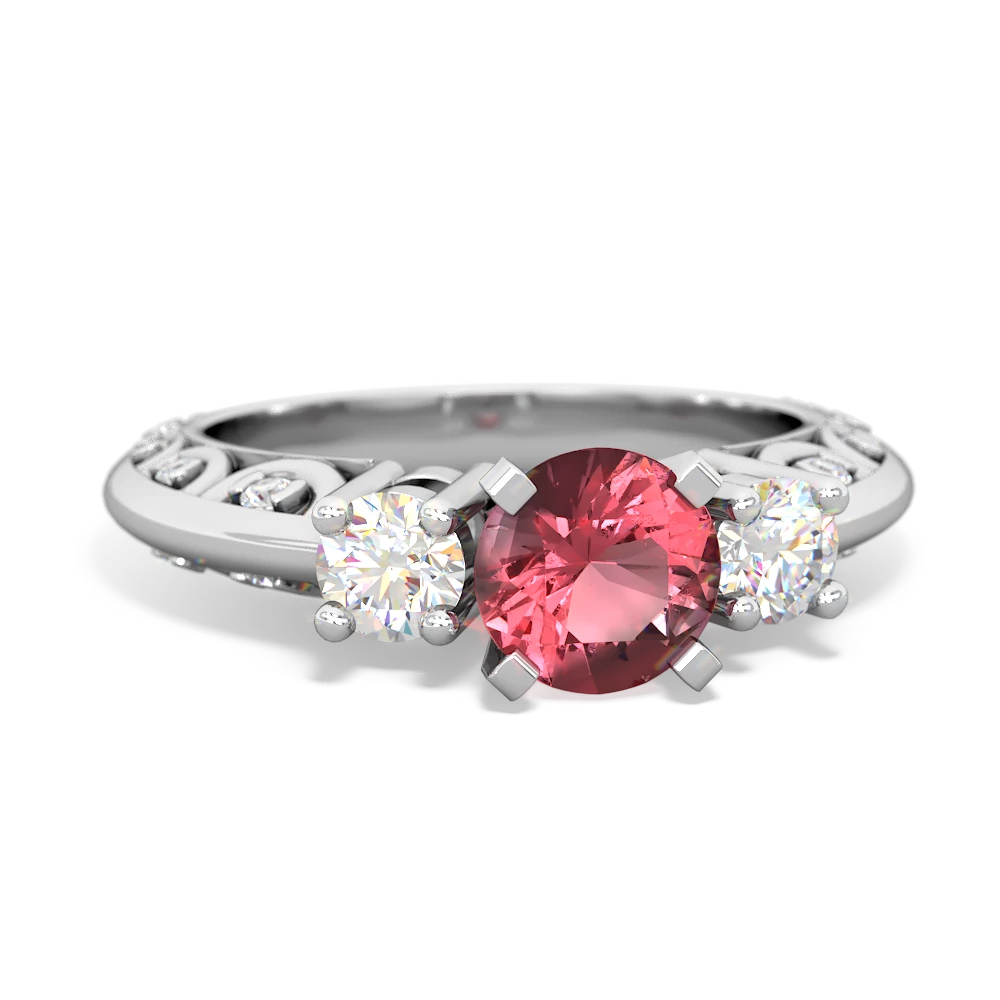 Pink Tourmaline Art Deco Diamond 6Mm Round Engagment 14K White Gold ring R2003