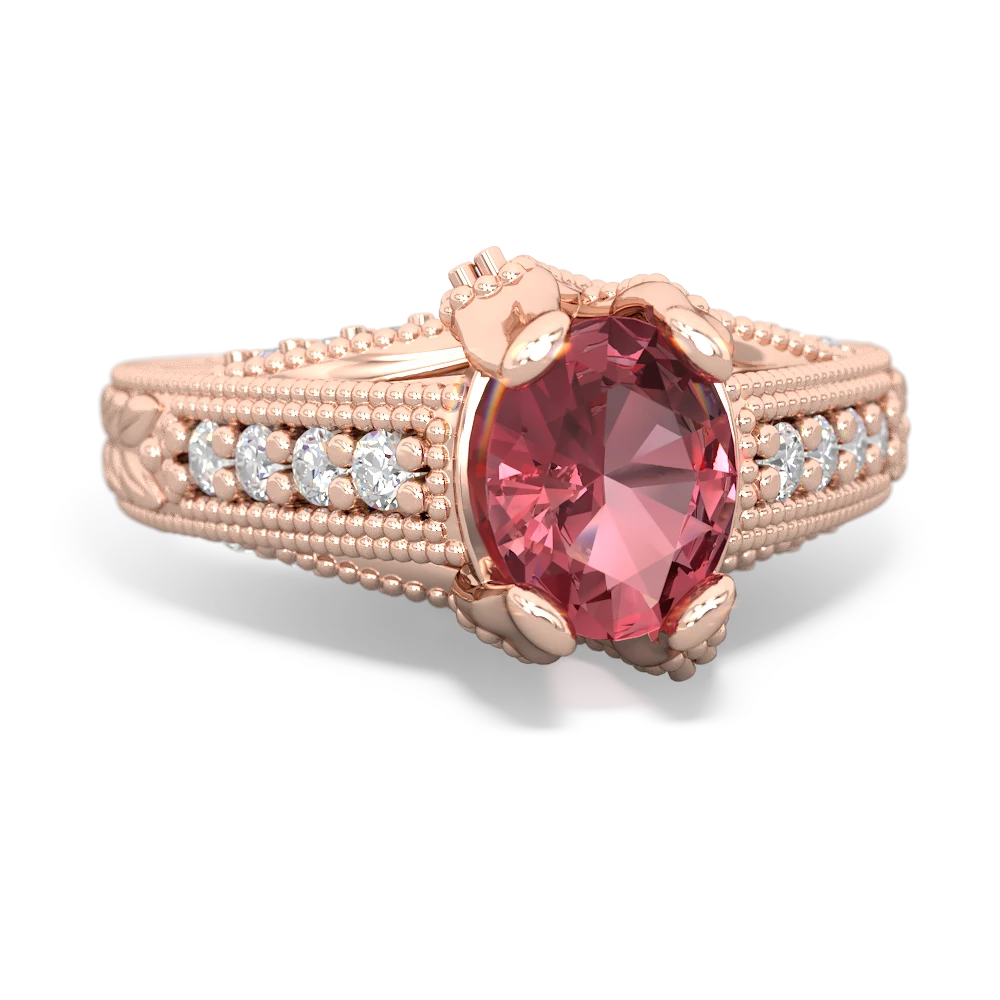 Pink Tourmaline Antique Style Milgrain Diamond 14K Rose Gold ring R2028