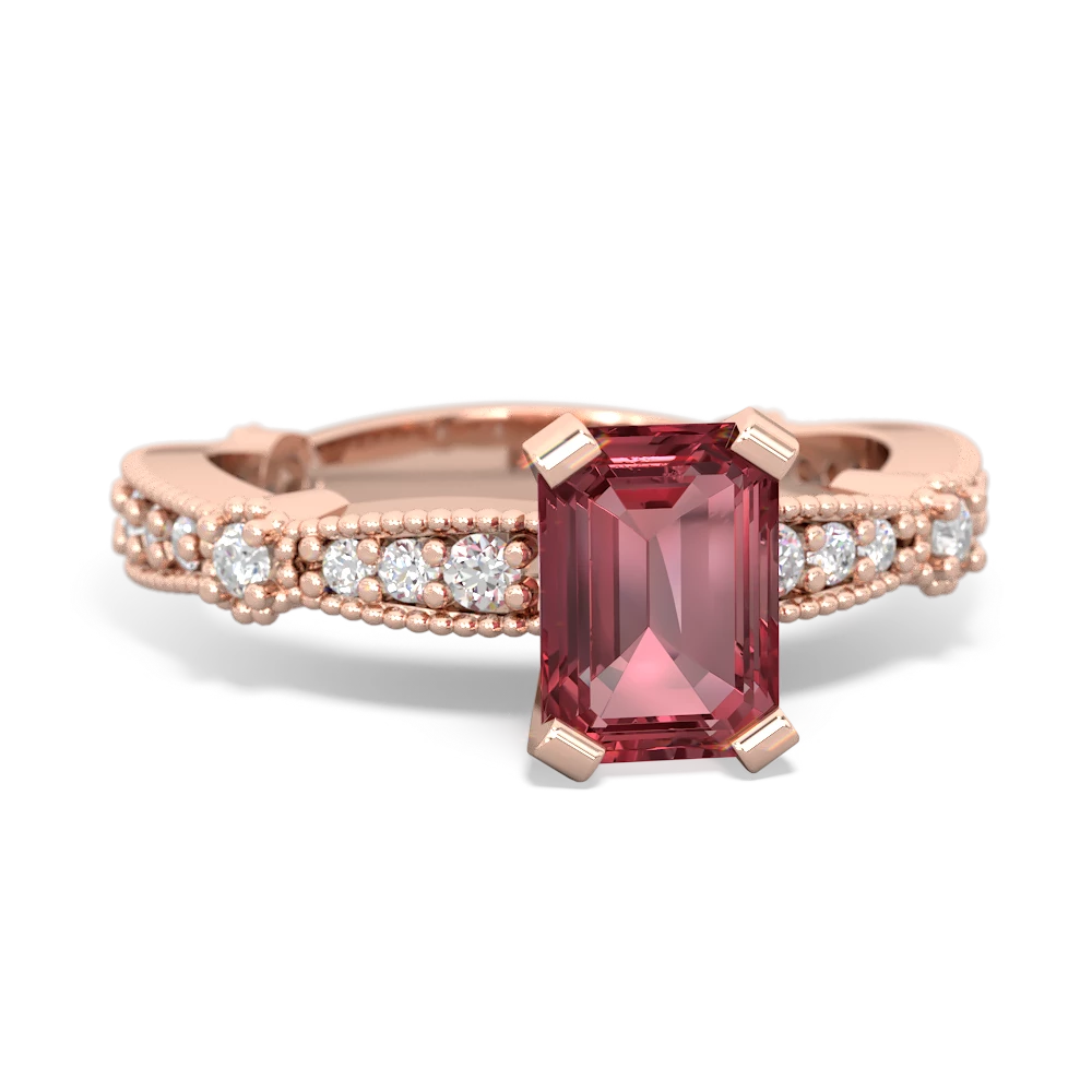 Pink Tourmaline Sparkling Tiara 7X5mm Emerald-Cut 14K Rose Gold ring R26297EM