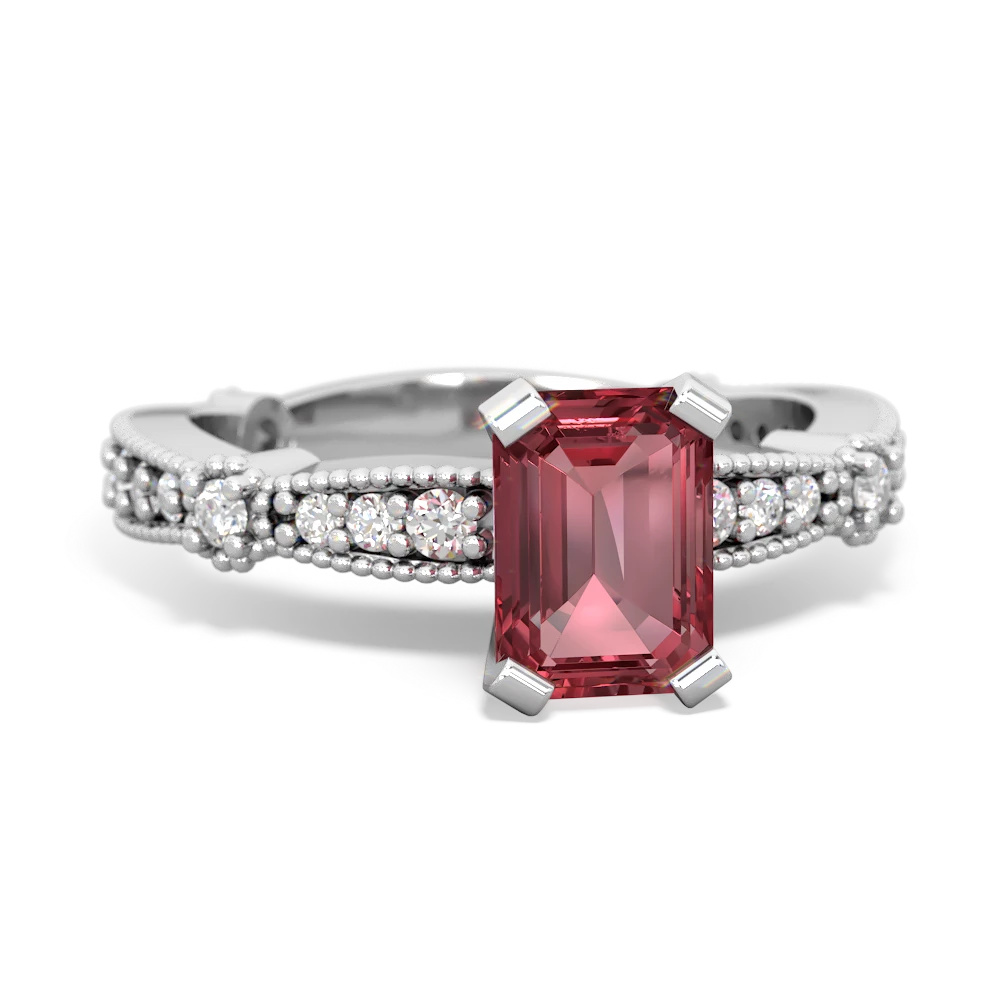 Pink Tourmaline Sparkling Tiara 7X5mm Emerald-Cut 14K White Gold ring R26297EM