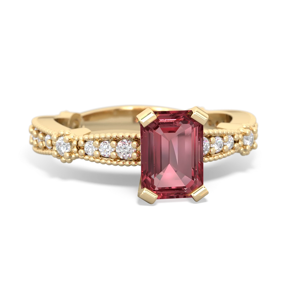 Pink Tourmaline Sparkling Tiara 7X5mm Emerald-Cut 14K Yellow Gold ring R26297EM