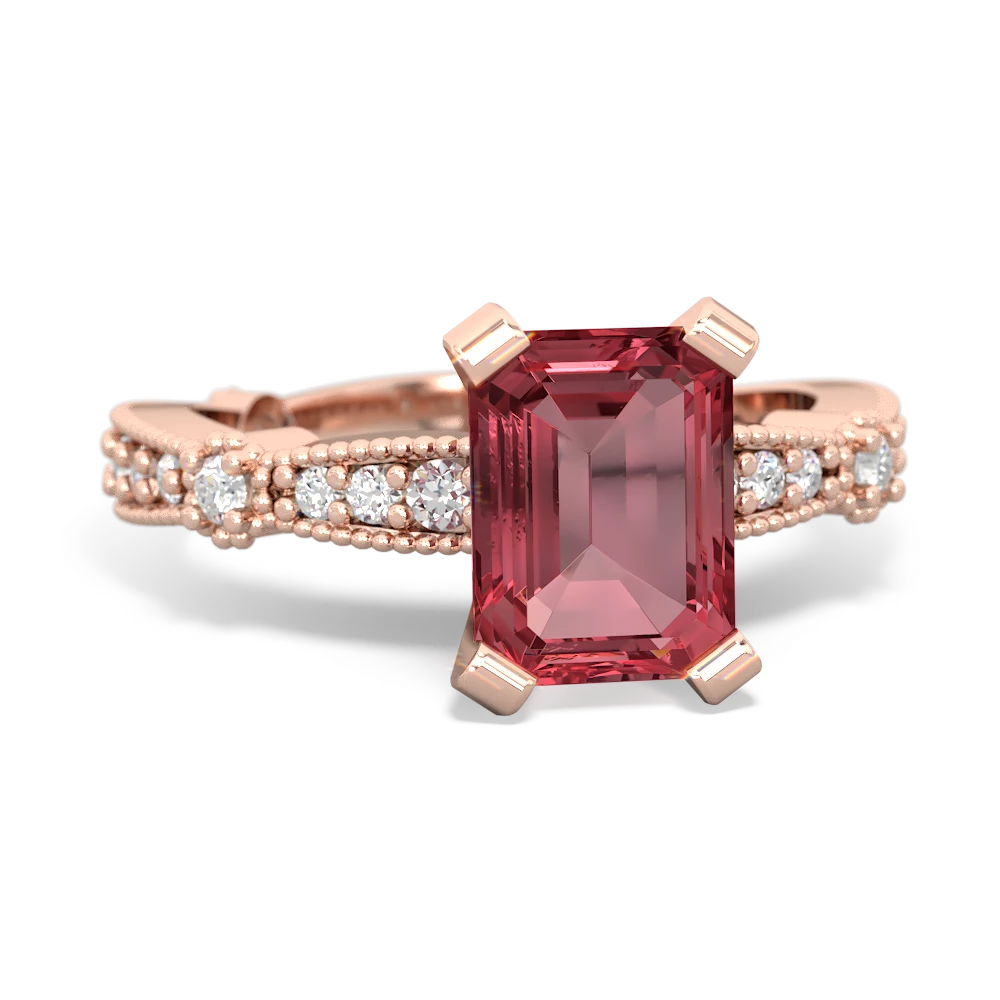 Pink Tourmaline Sparkling Tiara 8X6 Emerald-Cut 14K Rose Gold ring R26298EM
