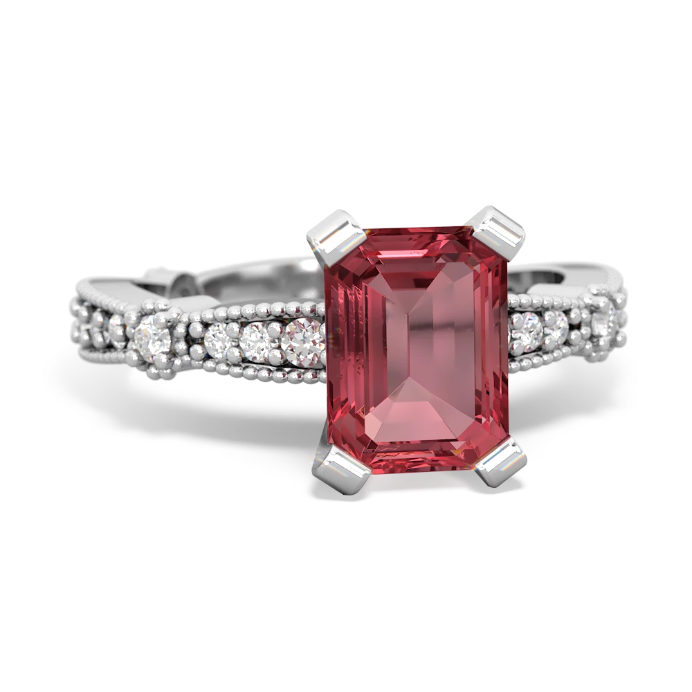 Pink Tourmaline Sparkling Tiara 8X6 Emerald-Cut 14K White Gold ring R26298EM