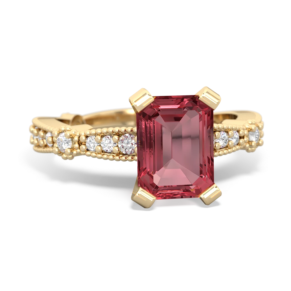 Pink Tourmaline Sparkling Tiara 8X6 Emerald-Cut 14K Yellow Gold ring R26298EM