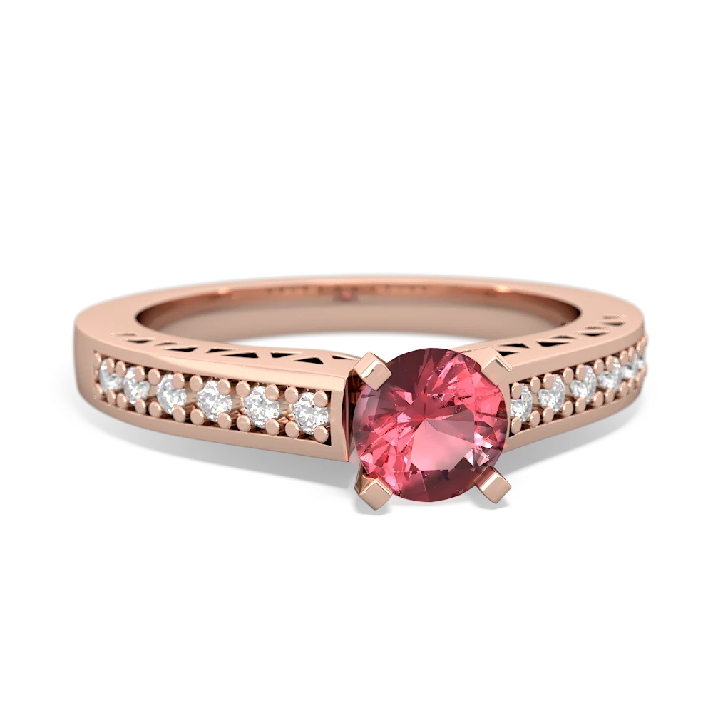 Pink Tourmaline Art Deco Engagement 5Mm Round 14K Rose Gold ring R26355RD