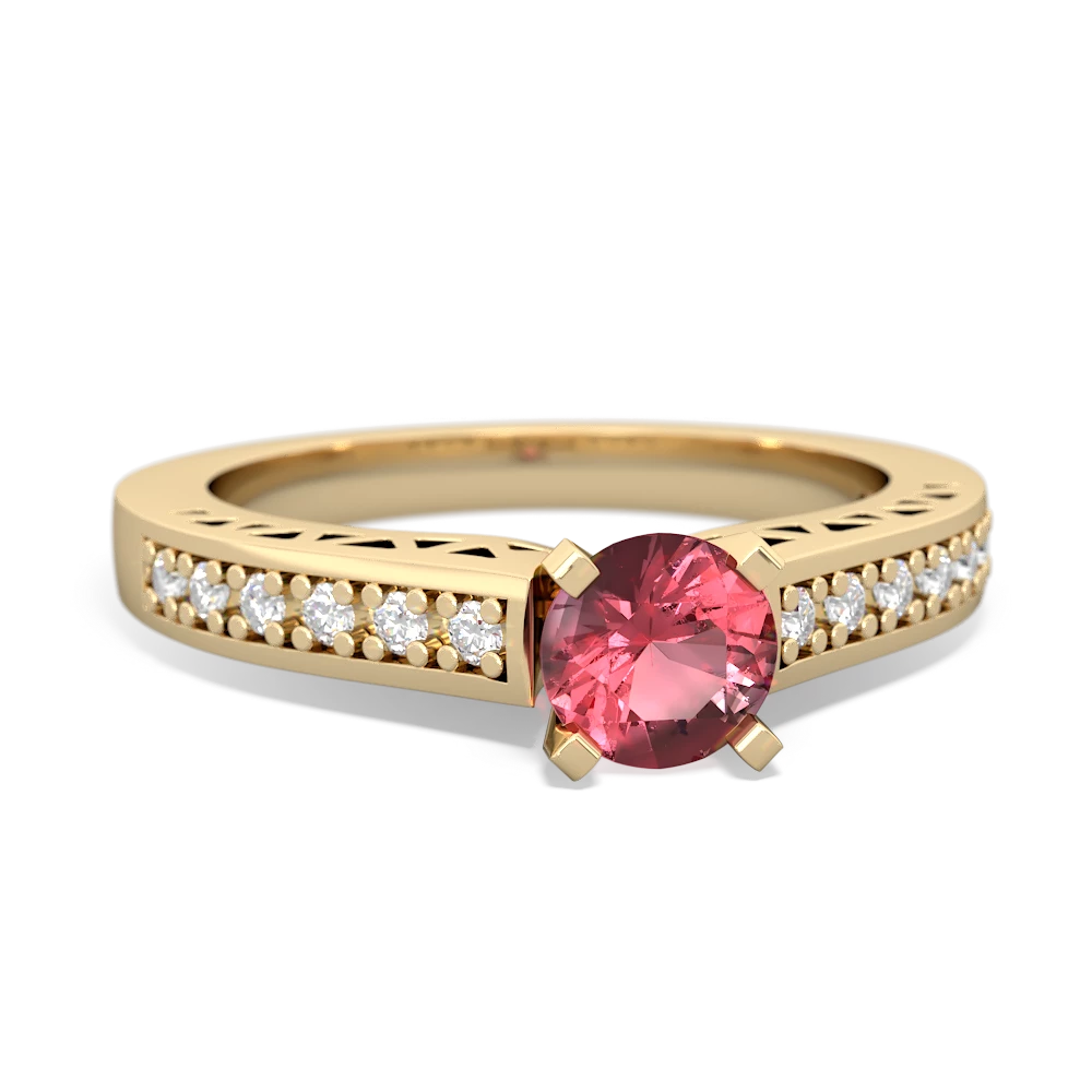 Pink Tourmaline Art Deco Engagement 5Mm Round 14K Yellow Gold ring R26355RD